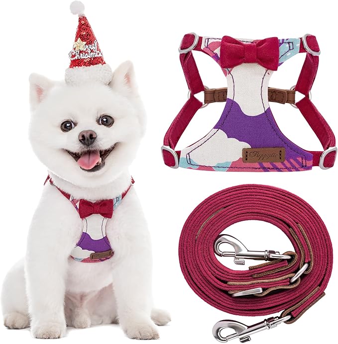 Puppytie No Pull xs Dog Harness with Multifunction Dog Leash,Soft Adjustable No Choke Escape Proof Pet Harness Vest,Suede Bow Wine red,XS