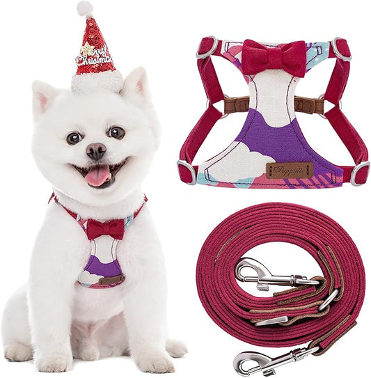 Puppytie No Pull xs Dog Harness with Multifunction Dog Leash,Soft Adjustable No Choke Escape Proof Pet Harness Vest,Suede Bow red,XS