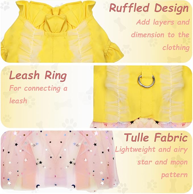 Dog Lace Dress,Dog Dress for Small Dogs,Back Traction Buckle,Dog Clothes,Cat Apparel,Pet Skirt,Yellow,L