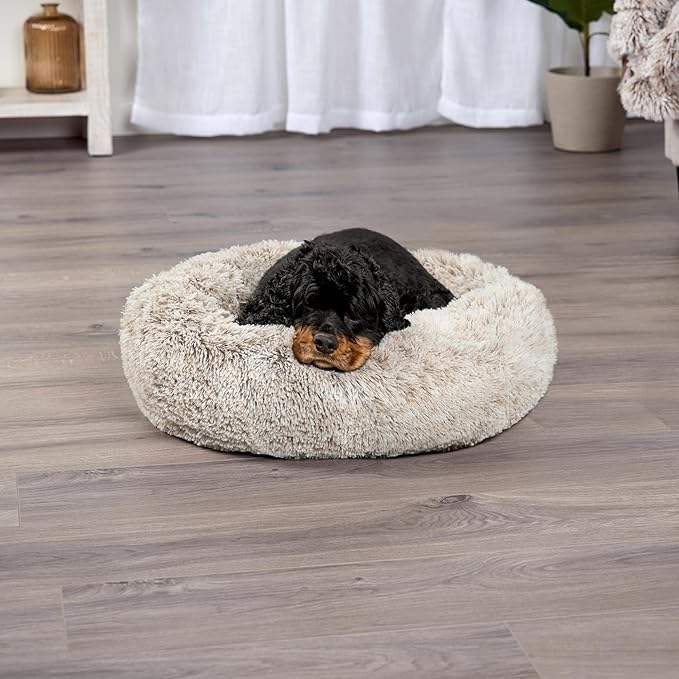 Furhaven 23" Round Calming Donut Dog Bed for Indoor Cats & Small Dogs, Washable, for Dogs Up to 20 lbs - Shaggy Plush Long Faux Fur Donut Bed - Driftwood Brown, Small