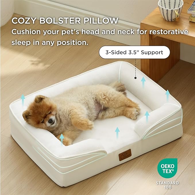 Bedsure Small Orthopedic Dog Bed - Washable Bolster Dog Sofa Beds for Small Dogs, Supportive Foam Pet Couch Bed with Removable Washable Cover, Waterproof Lining and Nonskid Bottom Couch, Ivory