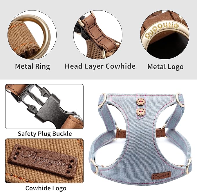 Dog Harness, No Pull Dogs Harness and Multi-Function Leash Set for Medium Dogs Easy Walk Everyday Adjustable Soft Dog Vest Harness Fashionable Dog Accessories Grey Blue-Button-Slim Large