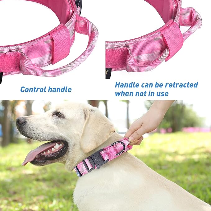 Hotsky Tactical Dog Collar, Adjustable Military Training Nylon Airtag Collar with Handle and Heavy Duty Metal Buckle for Medium Large Dogs, with Airtag Holder and Two Patches（Pink Camo,M）
