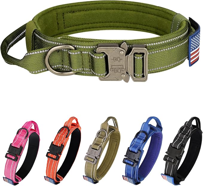 KCUCOP Tactical Dog Collar for Medium & Large Dogs - Military Nylon Heavy Duty Collar with Handle, Reflective Strip & Metal Buckle for Training, Outdoor (Green Reflective, Medium)