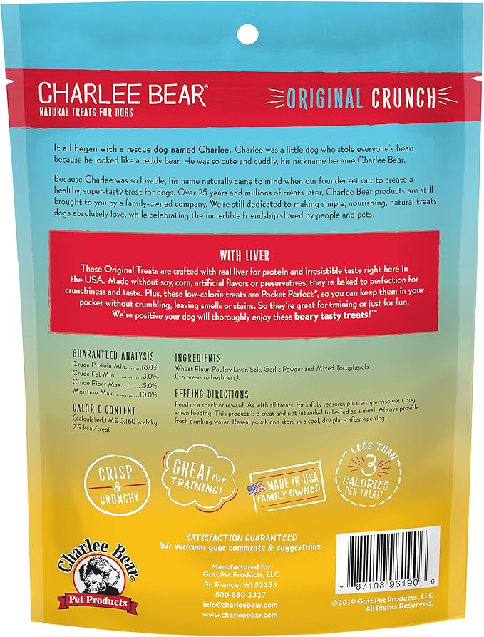 Charlee Bear Original Crunch with Liver Dog Treats, 16 oz (2-Pack) - Made in the USA Natural Training Treats for Dogs
