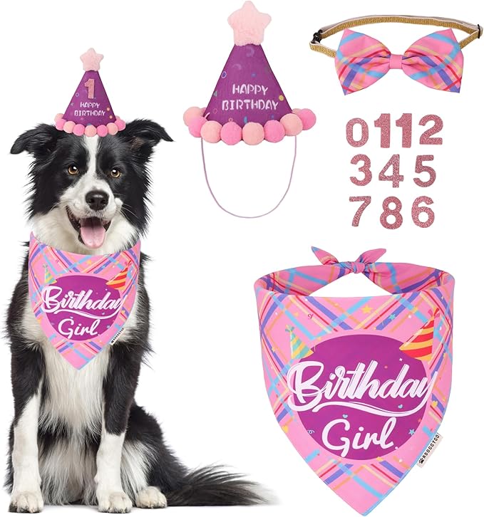 ADOGGYGO Dog Birthday Party Supplies, Pink Birthday Girl Pet Bandana Hat Bowtie Set for Medium Large Dogs (Large)