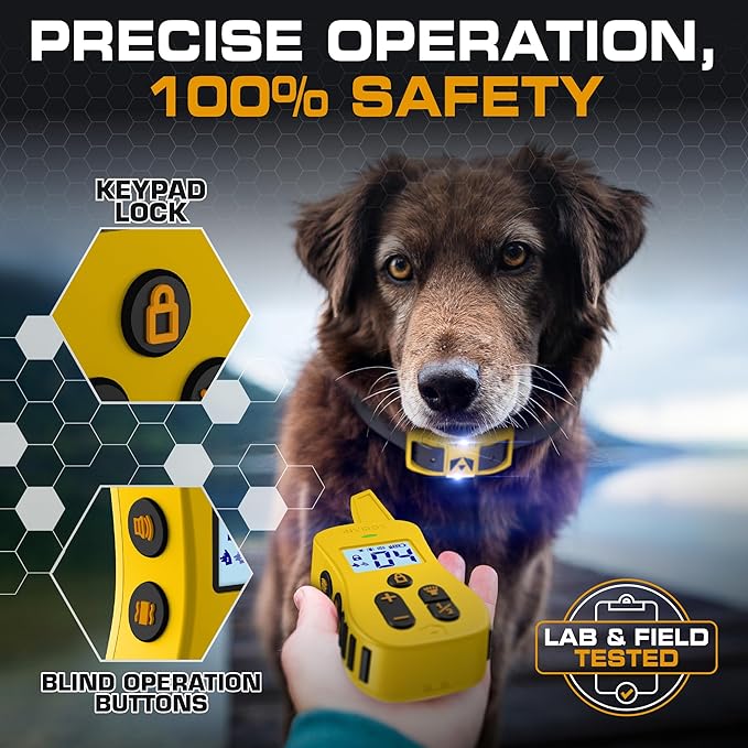 INVIROX Dog Shock Collar with Remote Contol [Ultra K9] 124 Training Levels, 4 Powerful Modes with Night-Light and ¾ Mile Range 100% Safe Dog Training Collar for Large Dogs IP67 Waterproof (Yellow)