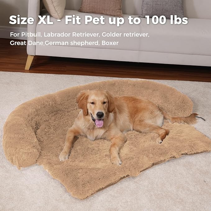 Calming Dog Bed Couch Cover Washable- Fluffy Plush Dog Mat for Furniture Protector for Small Big Dogs Cats, Beige