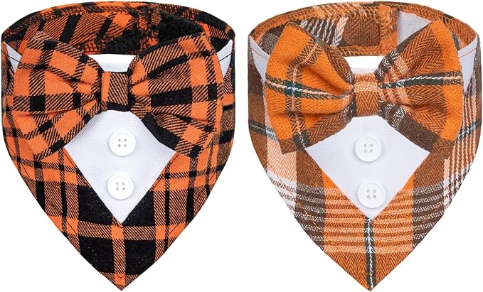 Cyeollo 2 Pack Fall Tuxedo Bandana Thanksgiving Costume with Bowtie, Plaid Tux Collar Puppy Costumes Formal Outfit for Small Dogs Cats, Orange XS