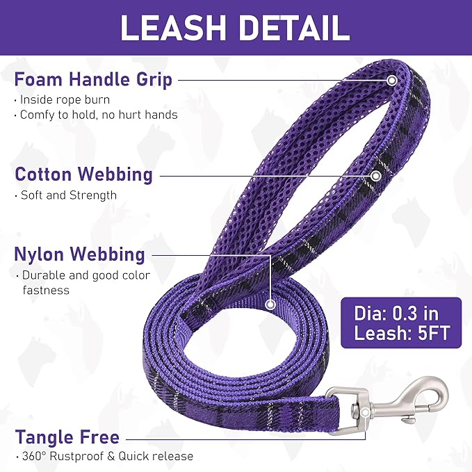 GAMUDA Dog Harness Collar and Leash Set, Dog Harness, No Chock No Pull Adjustable Vest Harnesses Plaid Reflective for Medium Dog, Cat, Small Horse, Small Bull and Pig (Purple, XL)