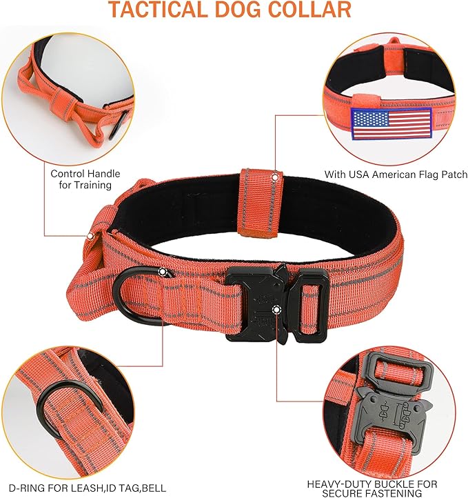 KCUCOP Tactical Dog Collar for Medium & Large Dogs - Military Nylon Heavy Duty Collar with Handle, Reflective Strip & Metal Buckle for Training, Outdoor (Orange Reflective, XLarge)