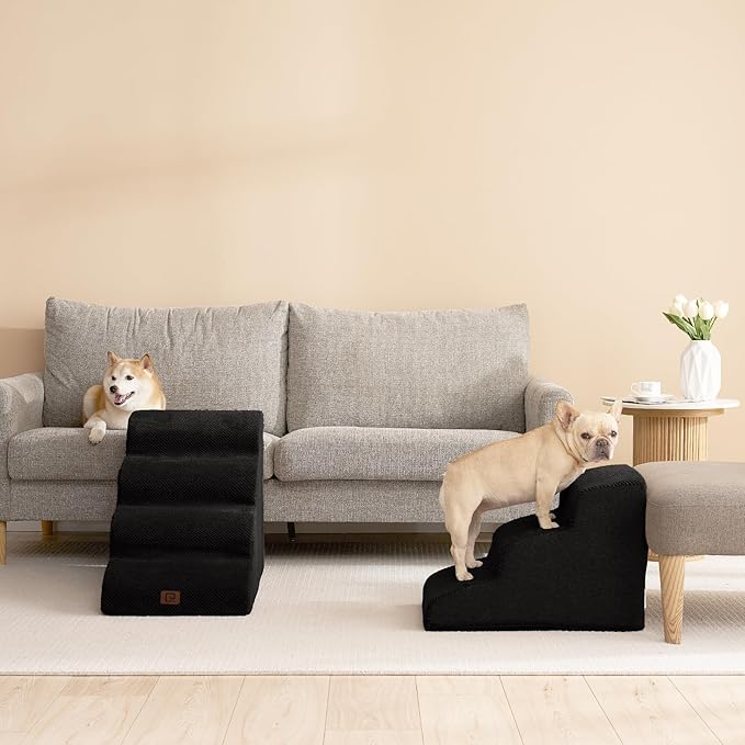 EHEYCIGA Curved Dog Stairs Ramp for Small Dogs 15.7" H, 3-Step Dog Steps for Couch Sofa and Chair, Pet Stairs for Cats, Non-Slip Balanced Pet Steps Indoor, Black