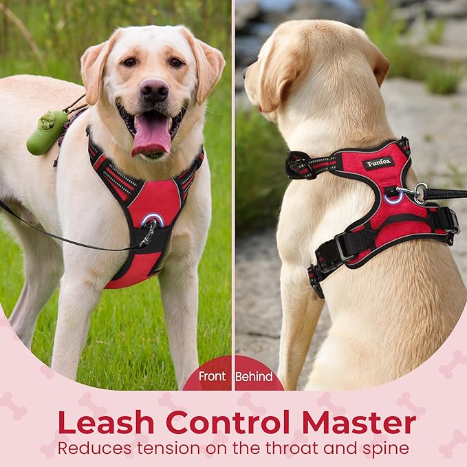 Funfox Dog Harness No Pull, Adjustable Pet Vest Harness Red M with Handle, 2 Leash Clips for Daily Walking Easy Control, Soft Durable Reflective Comfortable for Medium Sized Dogs