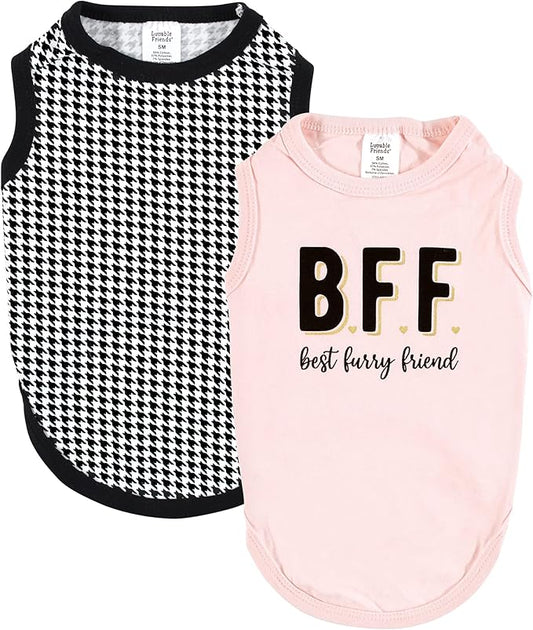 Luvable Friends Dog Pet Dog and Cats Cotton T-Shirts 2pk, BFF Houndstooth, Small