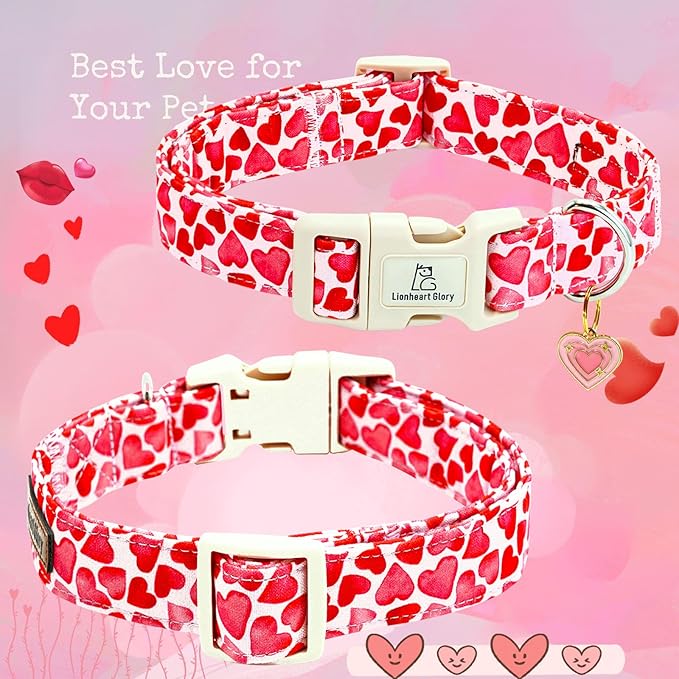 Lionheart glory Valentine Collar, Red Hearts Dog Collar for Small Cute Dog Collars Spring Female Pet Gift Adjustable Heavy-Duty Holiday Dog Collar Plastic Buckle