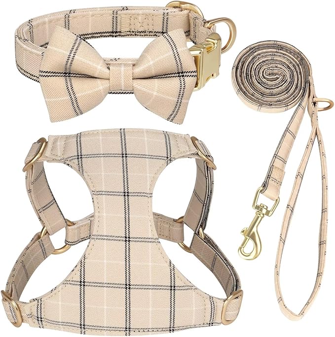 Beirui Cute Small Dog Harness Collar and Leash Set with Bowtie, Soft Adjustable Plaid Puppy Harness for Small Sized Dogs Cats Walks Parties and Photoshoots(Beige,XXS:Chest 12-14")