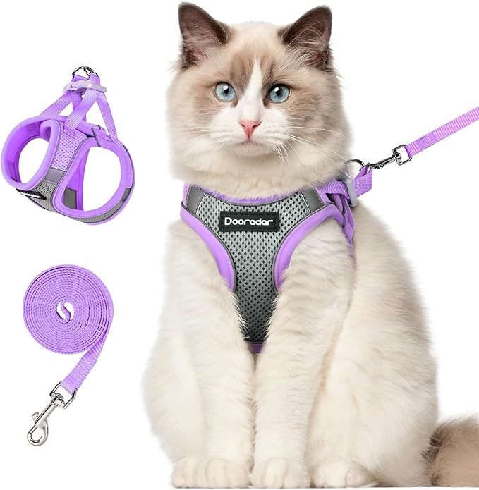Dooradar Cat Harness and Leash Set, Escape Proof Lightweight Kitten Harness, Soft Breathable Reflective Vest for Outdoor Walking Traveling, Adjustable for Large Cats, Grey & Purple, L