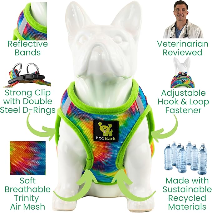 EcoBark Teacup Dog Harness - Step in Dog Harness for Tiny and Toy Breed Dogs - Reflective and Adjustable - No Pull Tiny Halter Harness Vest - Soft Mesh Mini Chest Body Harness (Tie Dye, XXS)