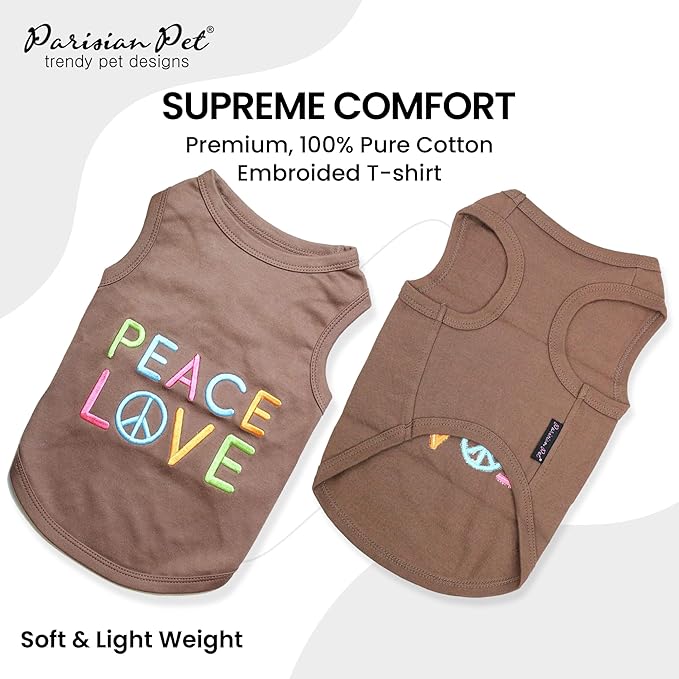 Parisian Pet Dog T-Shirt - Embroidered Peace Love 100% Cotton, Breathable Dog Clothes - Sleeveless Pet Vest - Machine Washable Dog Shirt for Large Dogs - L