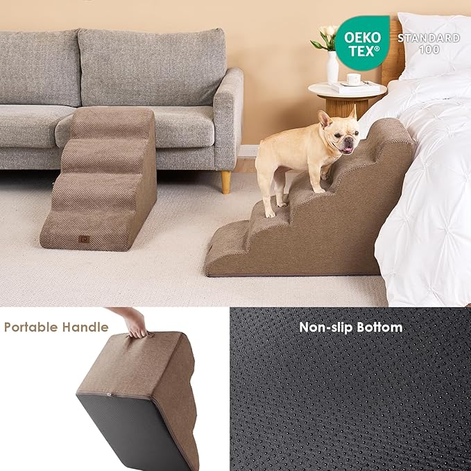 EHEYCIGA Curved Dog Stairs Ramp for High Beds 22.6" H, 5-Step Dog Steps for Small Dogs and Cats, Pet Stairs for High Bed Climbing, Non-Slip Balanced Pet Step Indoor, Camel