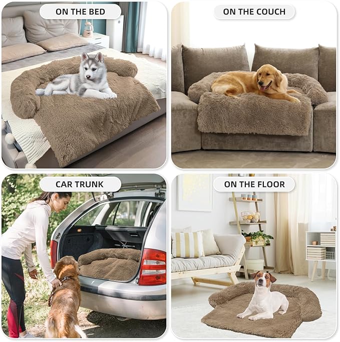 Calming Dog Bed Fluffy Plush Dog Mat for Furniture Protector with Removable Washable Cover for Large Medium Small Dogs and Cats (Medium(41x37x6), Camel)