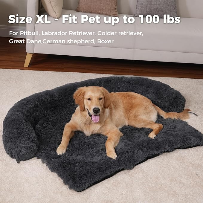 Dog Bed for Couch Large Sized Dog, Dog Couch Cover Washable- Fluffy Plush Mat for Furniture Protector for Dogs Up to 100 Lbs,Dark Grey