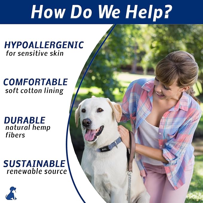 Dark Blue Hemp Dog Collar - Hypoallergenic Dog Collar - Comfortable for Sensitive Skin or Allergies with no Harsh Dyes or Chemicals - 5 Sizes from X-Small to x-Large Breeds