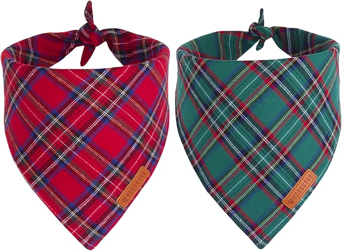 ADOGGYGO Christmas Dog Bandana 2 Pack, Stylish Plaid Pet Scarf, Premium Cotton Fabric, Multiple Sizes Offered, Christmas Bandanas for Small Dogs Pets (Small)