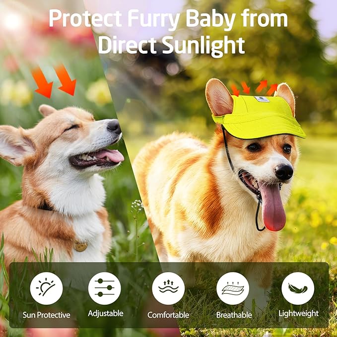 Pawaboo Dog Baseball Cap, Outdoor Pet Sport Sun Protection Baseball Cap Hat, Adjustable Travel Sport Hat Visor Sunbonnet Outfit with Ear Holes for Small Dogs Puppy, M, Yellow