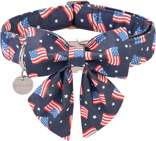 Patriotic Dog Collar with Bow Tie, 4th of July Bowtie Dog Collar, American Flag Collar for Small Boy Girl Dog, Comfortable Summer Bowtie Collar with Metal Buckle, S