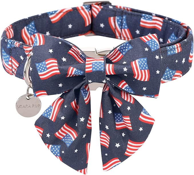 Patriotic Dog Collar with Bow Tie, 4th of July Bowtie Dog Collar, American Flag Collar for X-Large Boy Girl Dog, Comfortable Summer Bowtie Collar with Metal Buckle, XL