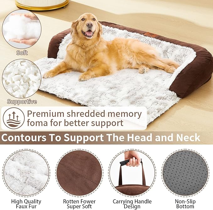 Calming Dog Couch Bed Mat, 41x37 Inch Waterproof Fluffy Sofa Cover, Furniture Protector with Handle, Removable and Washable Pet Bed for Medium Large Dogs and Cats (Brown)