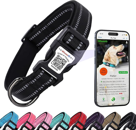 Dog Collar with QR Code, Reflective Dog Collar, Soft Neoprene Padded & Safety Locking Buckle Adjustable Pet Collar (Black, X-Small)