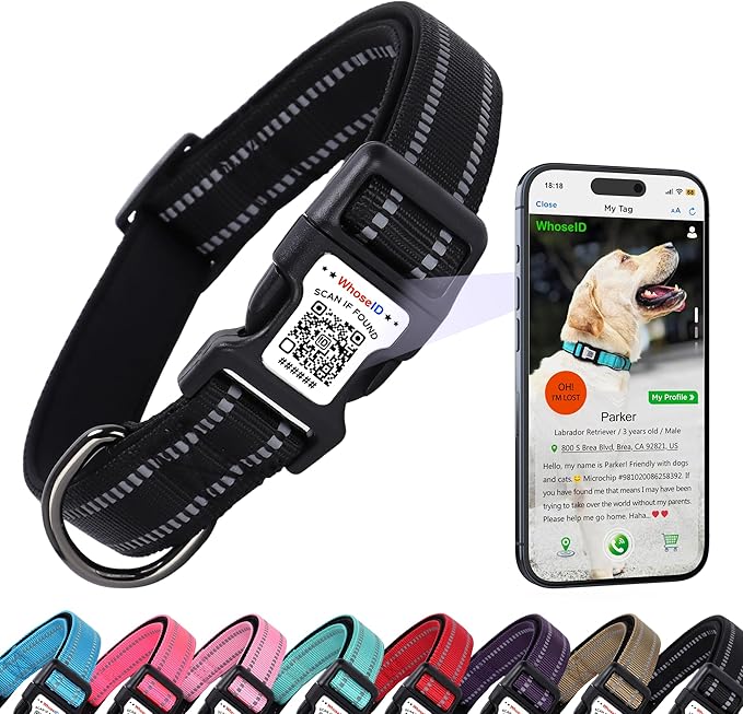 Dog Collar with QR Code, Reflective Dog Collar, Soft Neoprene Padded & Safety Locking Buckle Adjustable Pet Collar (Black, Large)