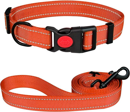 Reflective Dog Collar and Leash Set with Safety Locking Buckle Nylon Pet Collars Adjustable for Small Medium Large Dogs 3 Sizes(Orange&M)