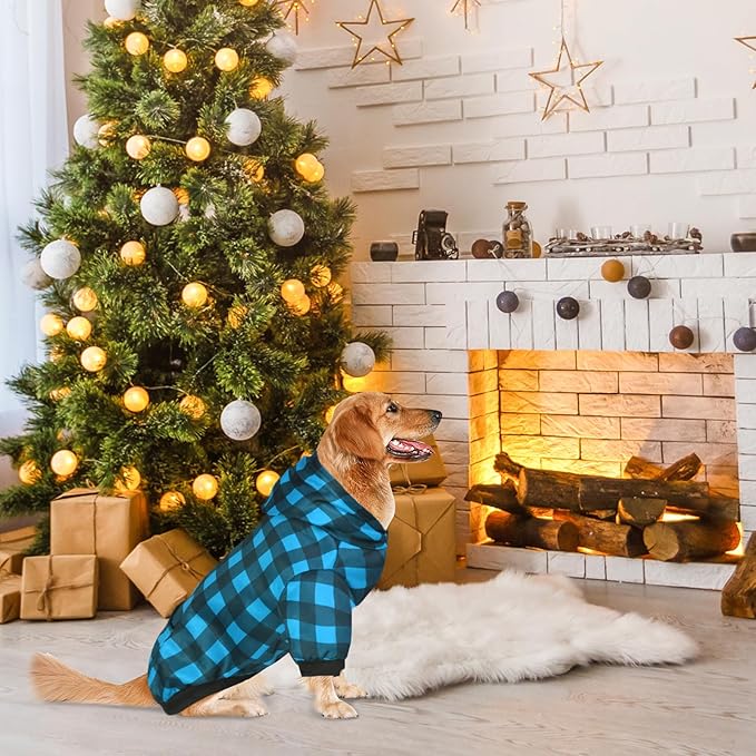 Plaid Dog Sweaters Hoodies Sweatshirts for Dogs Cats, Warm and Soft Cold Weater Coats for Christmas (Blue, XX-Large)