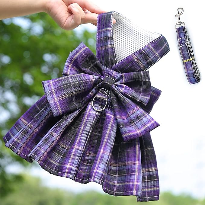 Dog Harness and Leash Set, Cute Bow Tie Plaid Harnesses for Puppy Cat, Adjustable Pet Kitties Vest, Breathable Harness Traction Rope for Boy Girl Small Animal(Skirt Purple,M for 5.5-8.8lbs Dog)