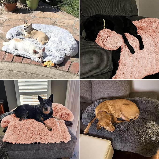 Calming Dog Bed Fluffy Plush Dog Mat for Furniture Protector with Removable Washable Cover for Large Medium Small Dogs and Cats (Small(35x31x5),Pink)