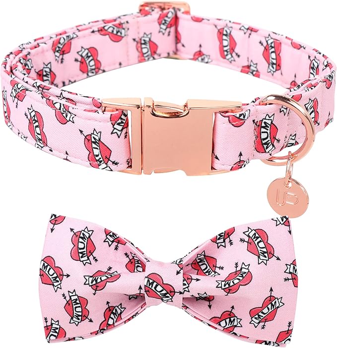 Mother’s Dog Collar with Bow Tie, Cute Cotton Girl Dog Collar, Adorable Pink Bowtie Collar for X-Large Girl Dog, Female Dog Collar with Metal Buckle, XL