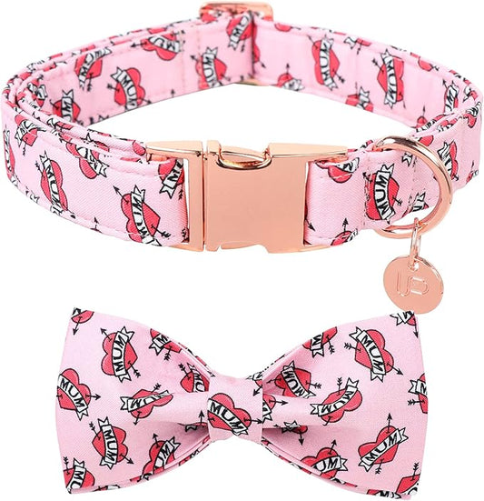 Mother’s Dog Collar with Bow Tie, Cute Cotton Girl Dog Collar, Adorable Pink Bowtie Collar for Medium Girl Dog, Female Dog Collar with Metal Buckle, M
