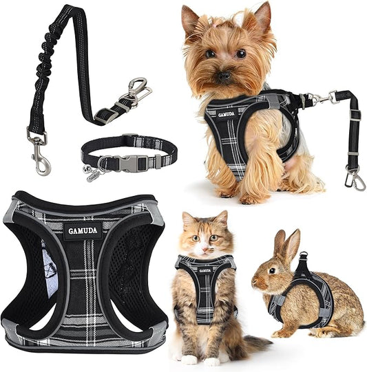 GAMUDA Dog Harness, Collar and Seat Belt Set, Vehicle Safety Harness, Retractable Adjustable Pet Seatbelts with Travel Strap and Carabiner for Most Cars (Black, L)