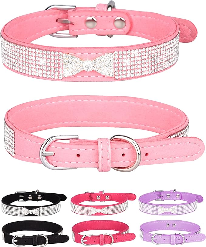 Dog Collar for Small Dogs, Adjustable Leather Suede Bling Dog Collars，Pink Dog Collar Cat Collar, Rhinestone Dog Collar (S, pink4)