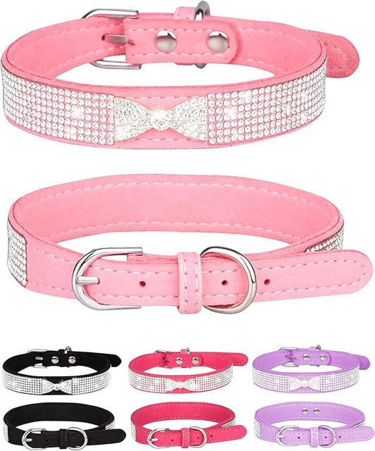 Dog Collar for Small Dogs, Adjustable Leather Suede Bling Dog Collars，Pink Dog Collar Cat Collar, Rhinestone Dog Collar (M, pink4)