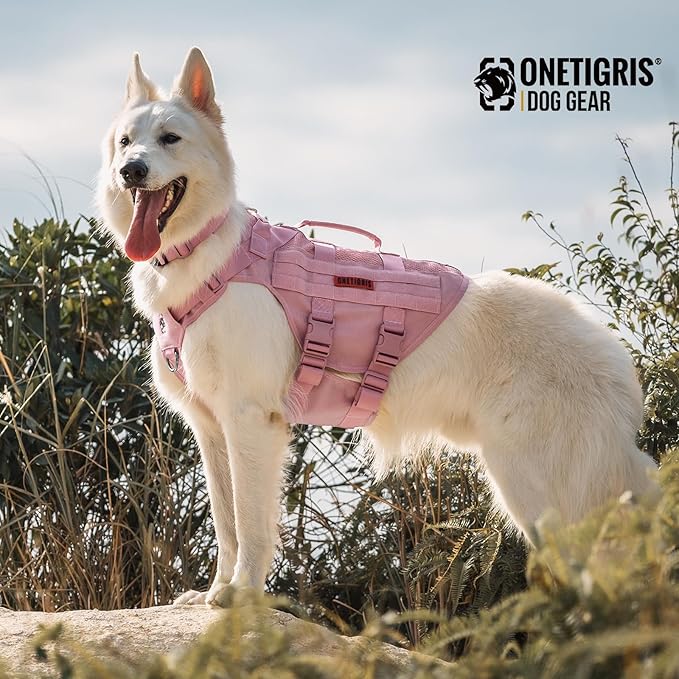 OneTigris Tough Dog Collars, Tactical Dog Collar with Handle, Milltary Adjustable Dog Collar with Heavy Duty Metal Buckle for Training (Large,Pink)