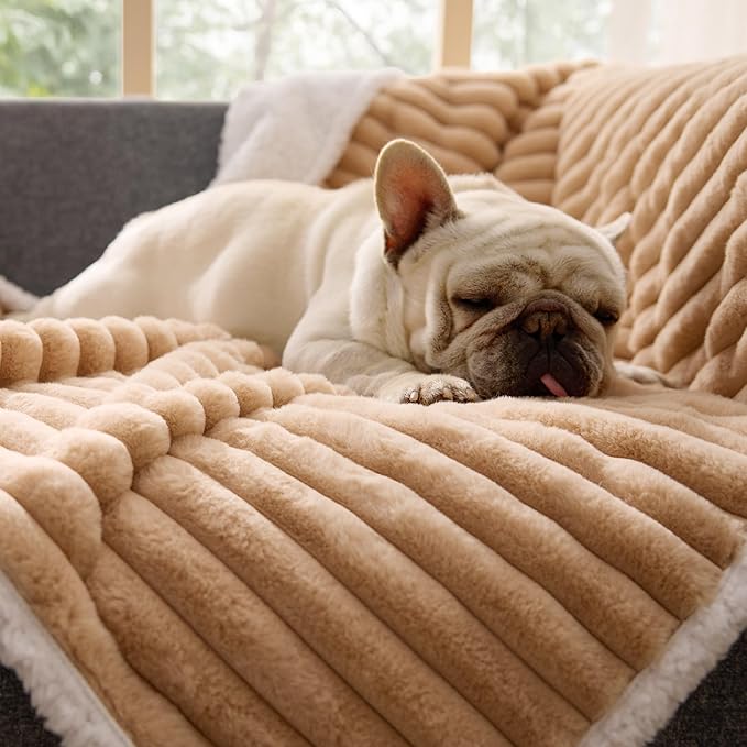 Bedsure Waterproof Dog Blankets for Medium Dogs - Soft Puppy Cat Blanket Corduroy Fleece Washable, Cozy Calming Reversible Furniture Protection for Pet Kitten Doggy,30"x40", Tuscan Beige