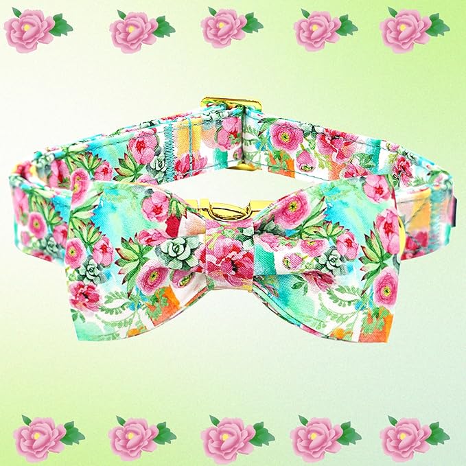 Dog Collar Cute Flowers Print Pet Collar Soft Dog Collar with Bow Adjustable Metal Buckle Collar Gift Collar for Medium Dogs