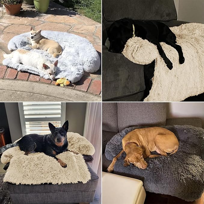 Calming Dog Bed Fluffy Plush Dog Mat for Furniture Protector with Removable Washable Cover for Large Medium Small Dogs and Cats (Small(35x31x5),Beige)
