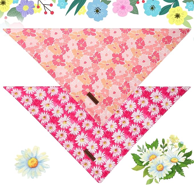 Unique Style Paws Dog Spring Bandanas 2Pcs Washable Cotton Triangle Summer Rose Daisy Flower Puppy Scarfs for Small Medium Large Dogs and Cats