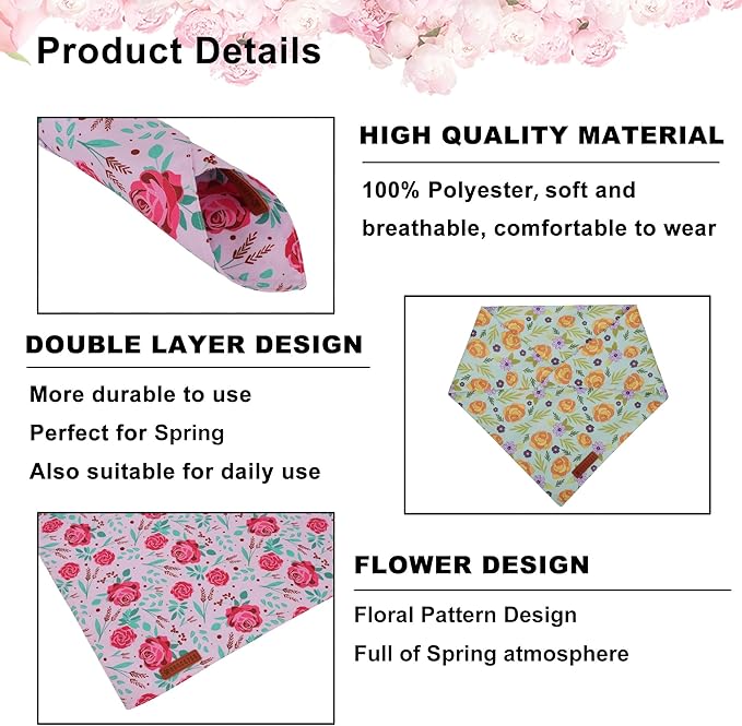 ADOGGYGO Floral Dog Bandana, Red Yellow Rose Pet Scarf, Adjustable Fit Flower Bandanas for Extra Large Dogs Pets (X-Large)