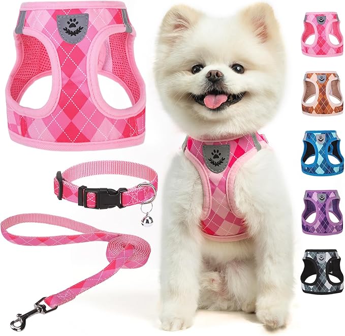 SCENEREAL Dog Harness Collar and Leash Set, Step-in No Pull Pet Vest Harnesses for Small Medium Dogs Puppy Cats, Soft Mesh No-Chock Reflective Vest Harness for Outdoor Walking Running, Pink Plaid S